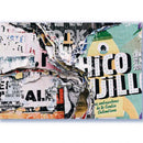 Rice paper featuring a collage of stacked advertisement pages ripped apart.