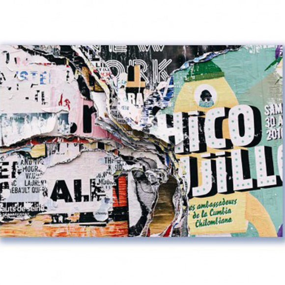 Rice paper featuring a collage of stacked advertisement pages ripped apart.