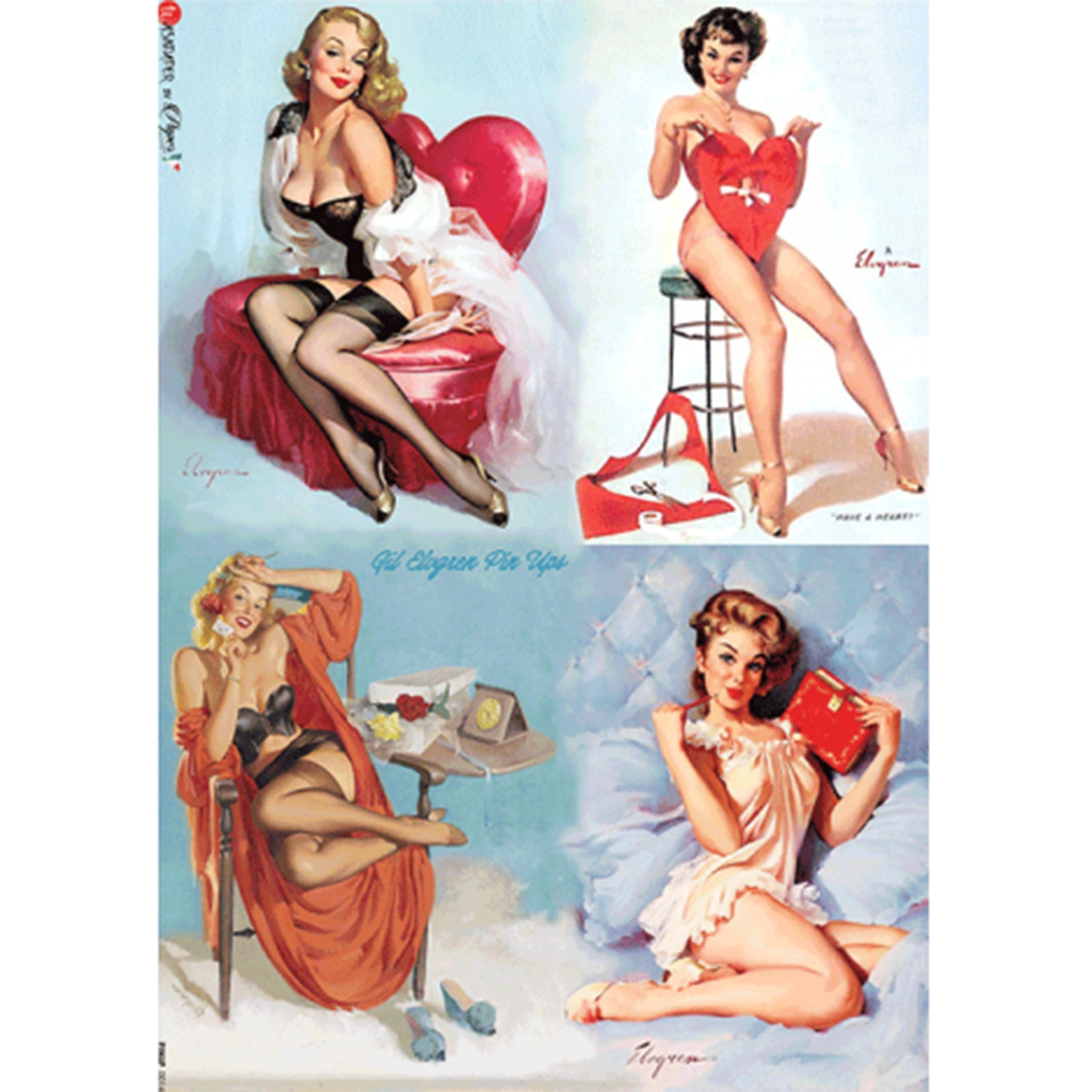 Rice paper featuring four scenes of pinup gals in lingerie embellished with red heart decoration. White borders are on the sides.