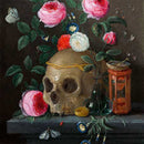 Close-up of a rice paper featuring a still life painting of a skull surrounded by delicate pink and white flowers.