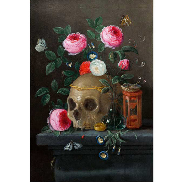 Rice paper featuring a still life painting of a skull surrounded by delicate pink and white flowers.
