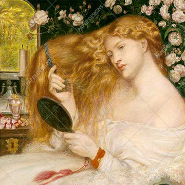 Close-up of a rice paper featuring a red-headed beauty brushing her locks at her vanity against a floral background.
