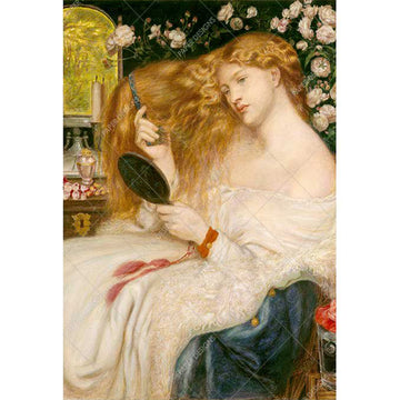 Rice paper featuring a red-headed beauty brushing her locks at her vanity against a floral background.