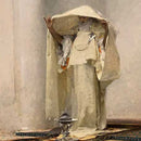 Close-up of a rice paper featuring a painting of a standing woman holding her garment over a silver incense resin burner to catch the perfumed smoke of ambergris.