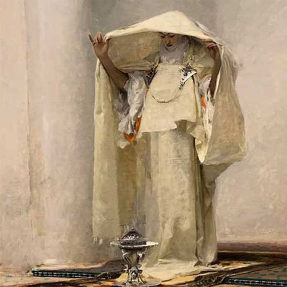 Close-up of a rice paper featuring a painting of a standing woman holding her garment over a silver incense resin burner to catch the perfumed smoke of ambergris.