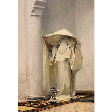 Rice paper featuring a painting of a standing woman holding her garment over a silver incense resin burner to catch the perfumed smoke of ambergris.