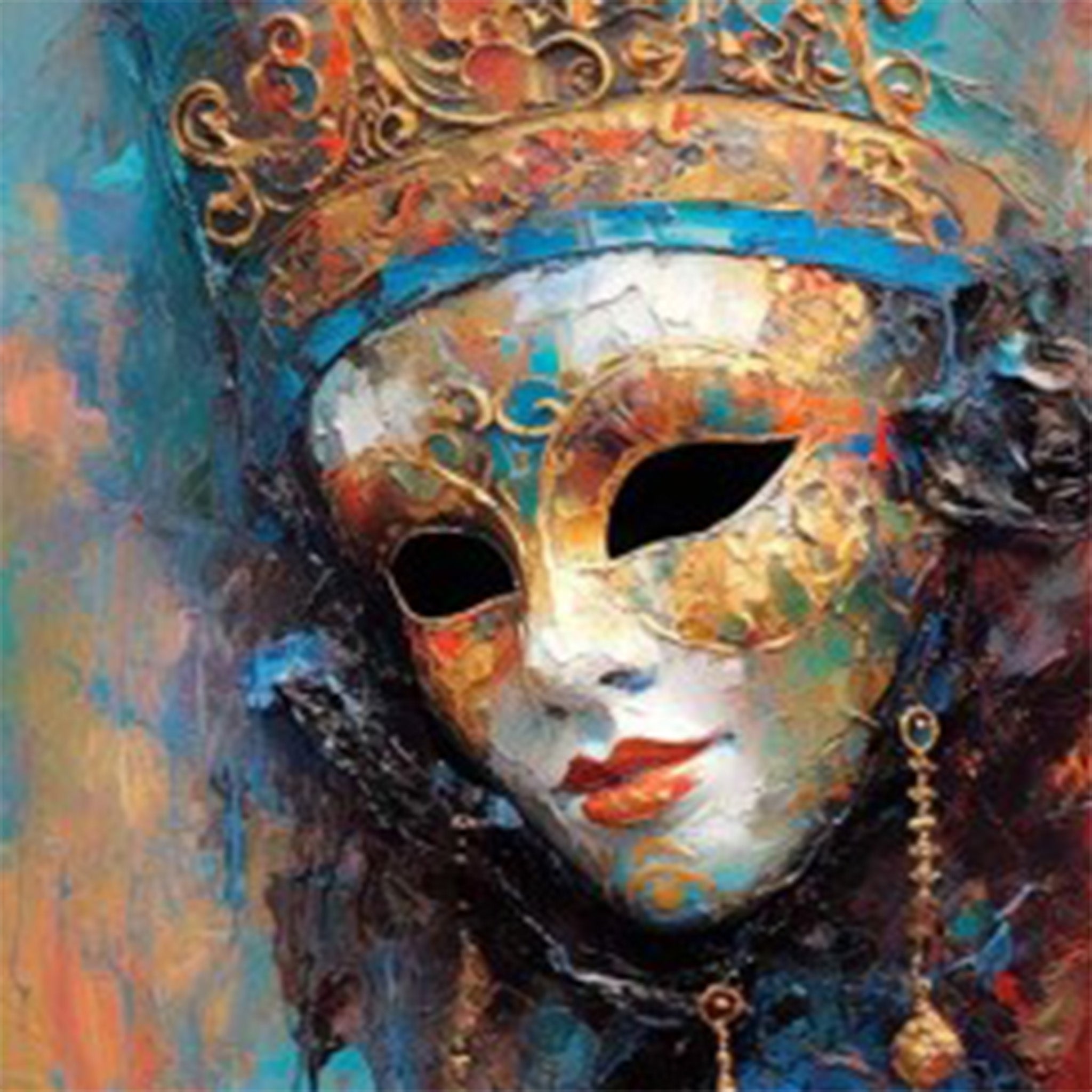 Close-up of a rice paper featuring a painting of a regal Venetian carnival mask paired with a blue and gold crown headpiece.