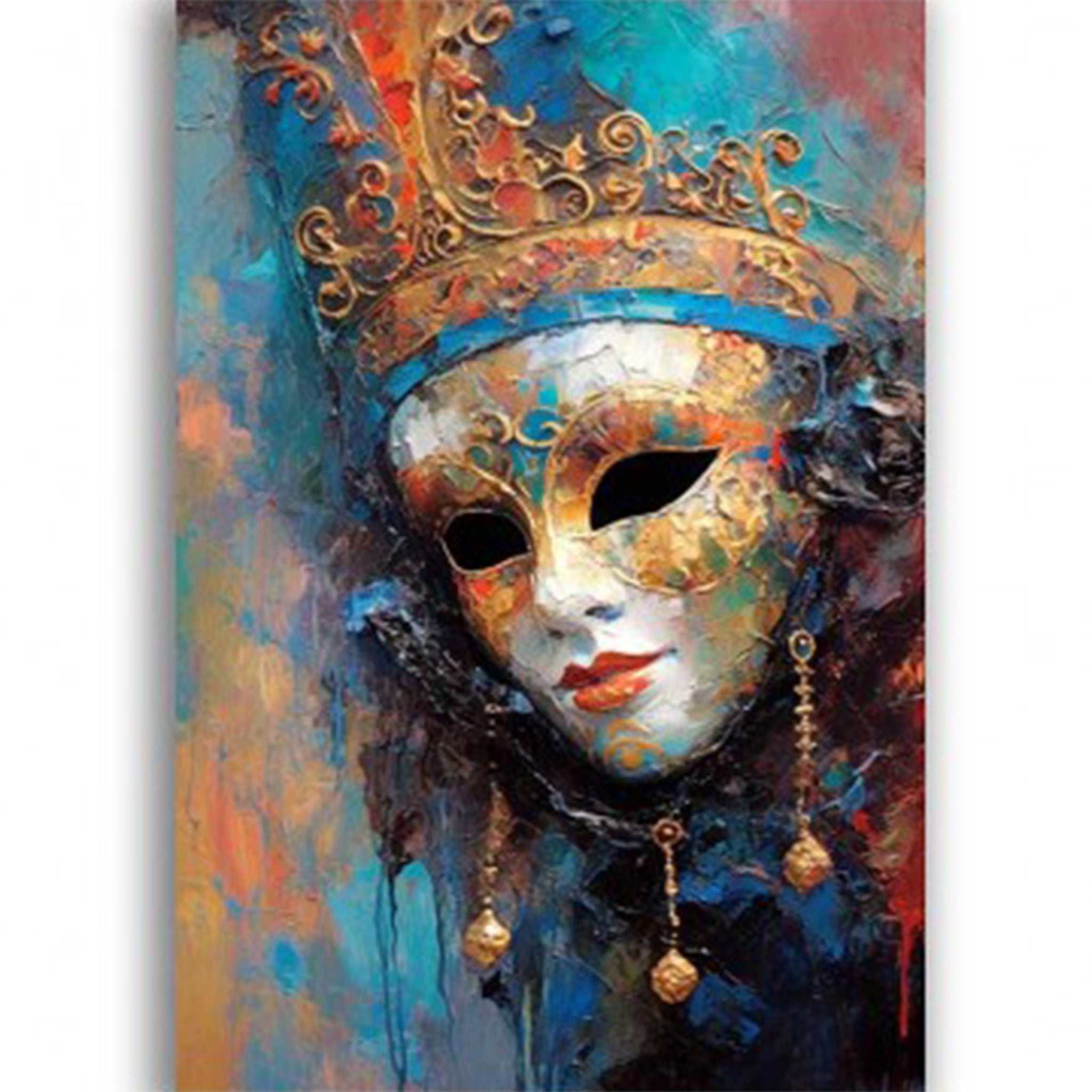 Rice paper featuring a painting of a regal Venetian carnival mask paired with a blue and gold crown headpiece.