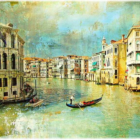 Close-up of a rice paper design featuring a charming painting of Venice's Grand Canal.