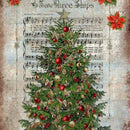 Close-up of 'Victorian Christmas Tree' decoupage paper by Paper Designs Italy, showing a richly decorated Christmas tree with red and gold ornaments, set against vintage sheet music of 'I Saw Three Ships' and accented with poinsettias.