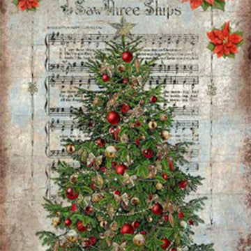 Close-up of 'Victorian Christmas Tree' decoupage paper by Paper Designs Italy, showing a richly decorated Christmas tree with red and gold ornaments, set against vintage sheet music of 'I Saw Three Ships' and accented with poinsettias.