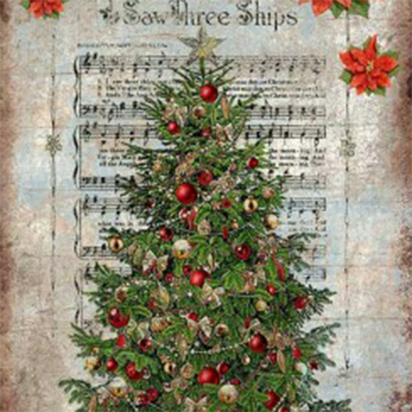 Close-up of 'Victorian Christmas Tree' decoupage paper by Paper Designs Italy, showing a richly decorated Christmas tree with red and gold ornaments, set against vintage sheet music of 'I Saw Three Ships' and accented with poinsettias.
