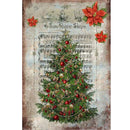 Full sheet of 'Victorian Christmas Tree' decoupage paper from Paper Designs Italy, featuring an ornate Christmas tree adorned with red and gold ornaments and garlands, layered over distressed holiday sheet music with red poinsettia accents.