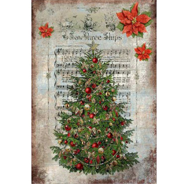 Full sheet of 'Victorian Christmas Tree' decoupage paper from Paper Designs Italy, featuring an ornate Christmas tree adorned with red and gold ornaments and garlands, layered over distressed holiday sheet music with red poinsettia accents.