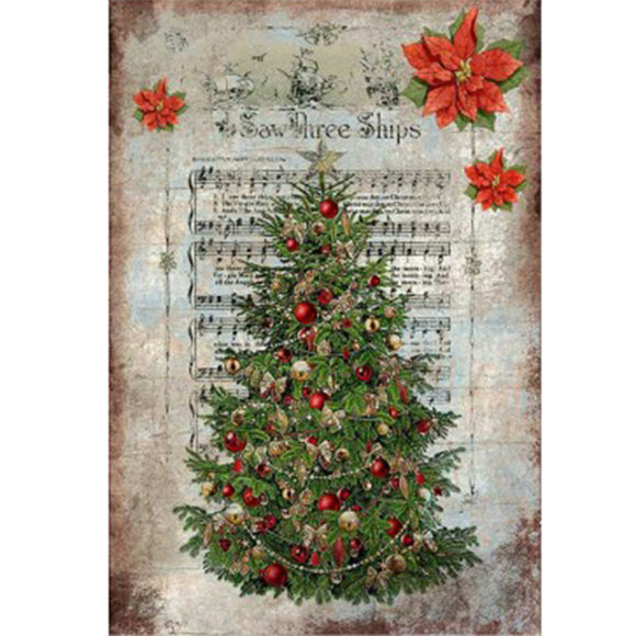 Full sheet of 'Victorian Christmas Tree' decoupage paper from Paper Designs Italy, featuring an ornate Christmas tree adorned with red and gold ornaments and garlands, layered over distressed holiday sheet music with red poinsettia accents.