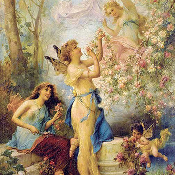 Close-up of a rice paper featuring a Victorian era fairies with butterfly wings dancing among blooming trees.