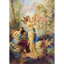 Rice paper featuring a Victorian era fairies with butterfly wings dancing among blooming trees.