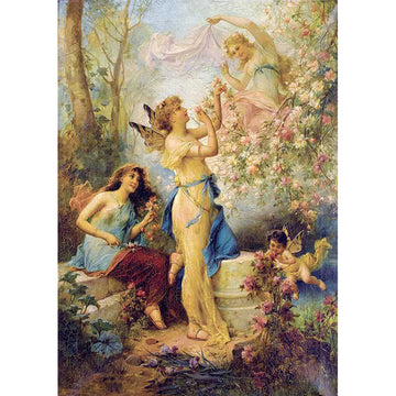 Rice paper featuring a Victorian era fairies with butterfly wings dancing among blooming trees.