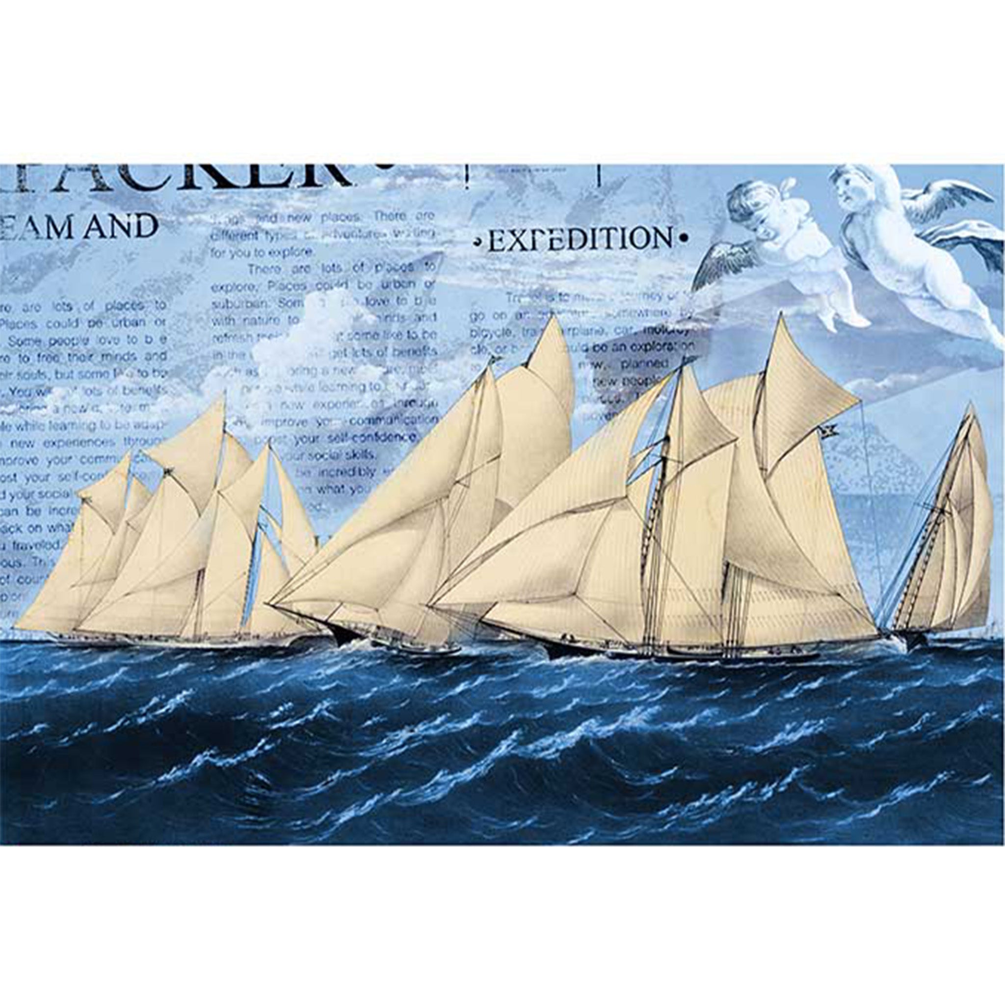 Rice paper design that features a vintage document background with a fleet of sailboats crossing the ocean. White borders are on the top and bottom.