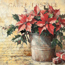 Close-up of a rice paper featuring a charming red poinsettia plant nestled in an old bucket against a vintage document backdrop.