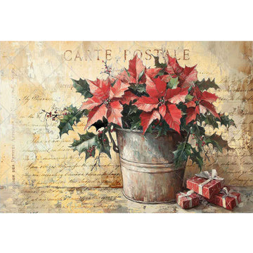 Rice paper featuring a charming red poinsettia plant nestled in an old bucket against a vintage document backdrop.