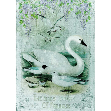 Rice paper featuring a blue tinted design with various white birds and draping lavender colored flowers with words at the bottom reading "The Birds Of Paradise".