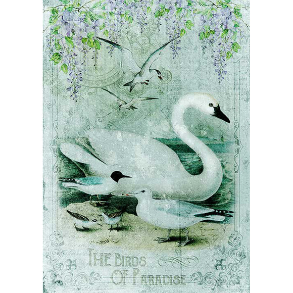 Rice paper featuring a blue tinted design with various white birds and draping lavender colored flowers with words at the bottom reading "The Birds Of Paradise".