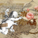 Close-up of a rice paper featuring an elegant black and white cherub reaching towards a pink rose against a collage of vintage newspapers.