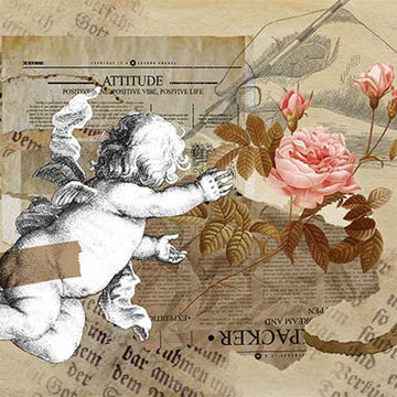 Close-up of a rice paper featuring an elegant black and white cherub reaching towards a pink rose against a collage of vintage newspapers.