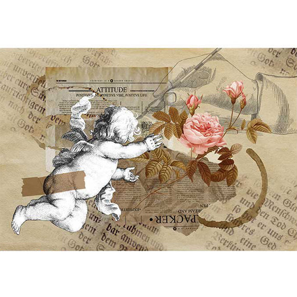 Rice paper featuring an elegant black and white cherub reaching towards a pink rose against a collage of vintage newspapers.