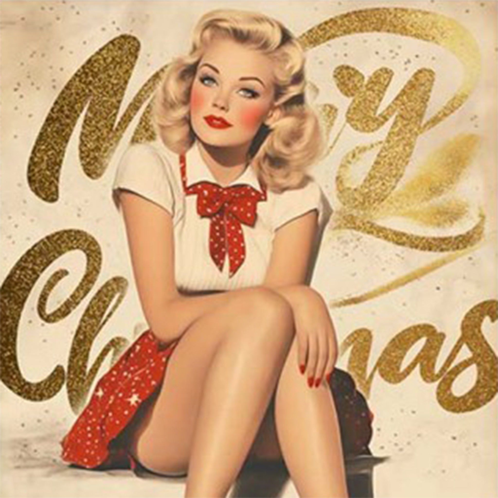 Close-up of a rice paper featuring a woman in a red skirt, shoes, and neck bow, and a golden banner that says 'Merry Christmas'.