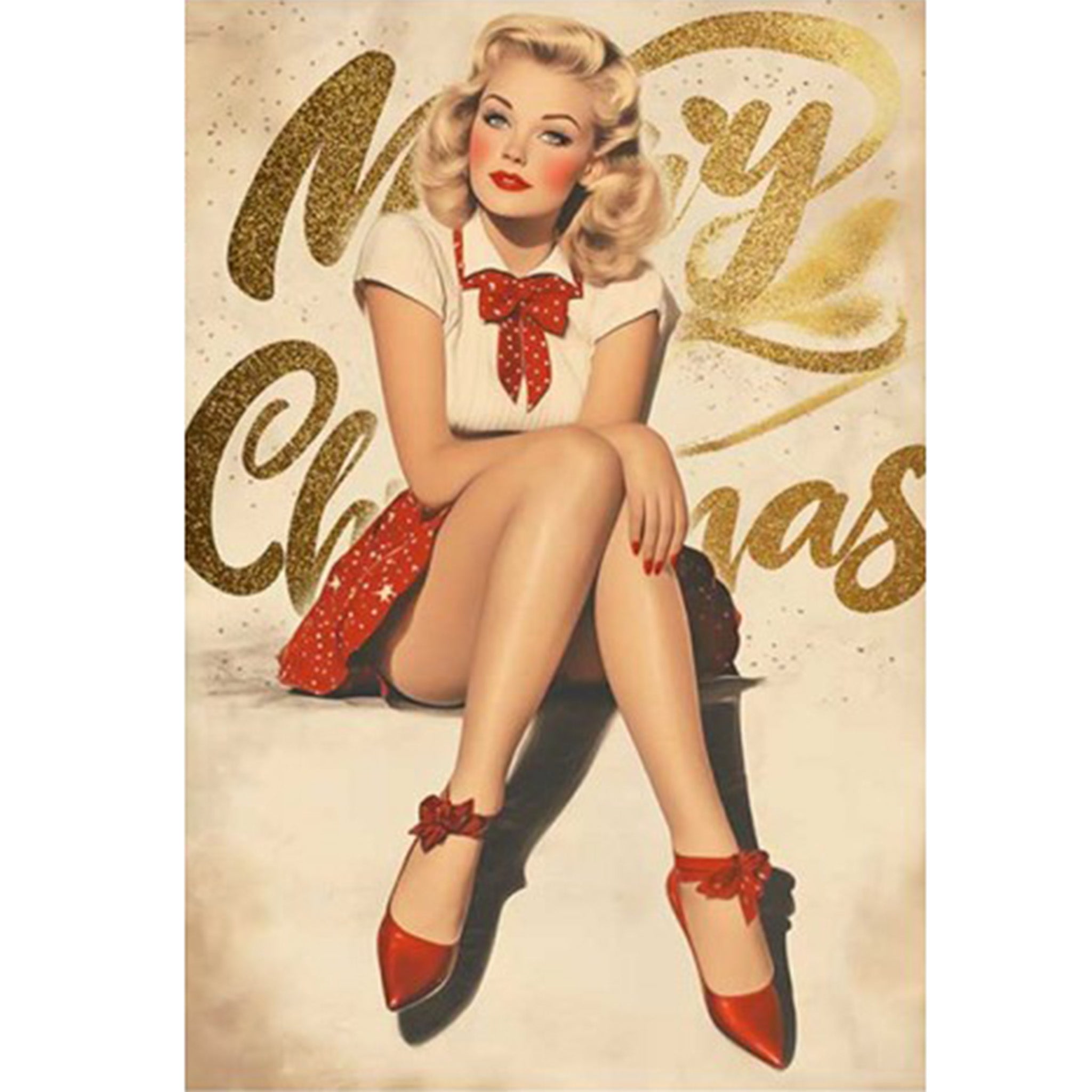 Rice paper featuring a woman in a red skirt, shoes, and neck bow, and a golden banner that says 'Merry Christmas'. White borders are on the sides.