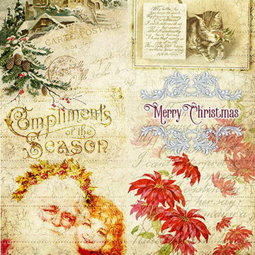 Close-up of a rice paper featuring a sepia-toned collage of Christmas wishes and festive decor.