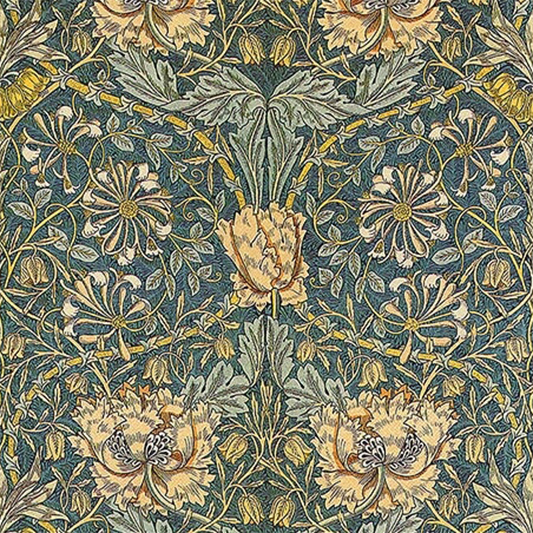 Close-up of a rice paper featuring a vintage green and creamy yellow floral print against a dark blue background that's giving major retro tapestry vibes.
