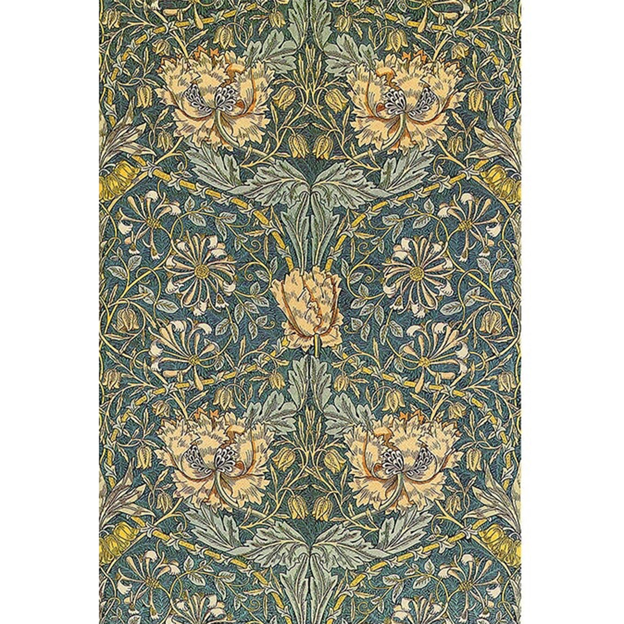 Rice paper featuring a vintage green and creamy yellow floral print against a dark blue background that's giving major retro tapestry vibes.