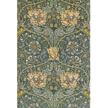 Rice paper featuring a vintage green and creamy yellow floral print against a dark blue background that's giving major retro tapestry vibes.
