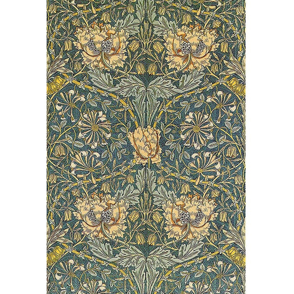 Rice paper featuring a vintage green and creamy yellow floral print against a dark blue background that's giving major retro tapestry vibes.