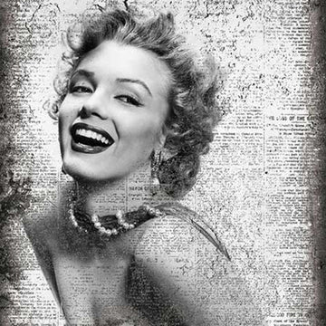 Close-up of a rice paper featuring a monotone image of Marilyn Monroe against a vintage newspaper.