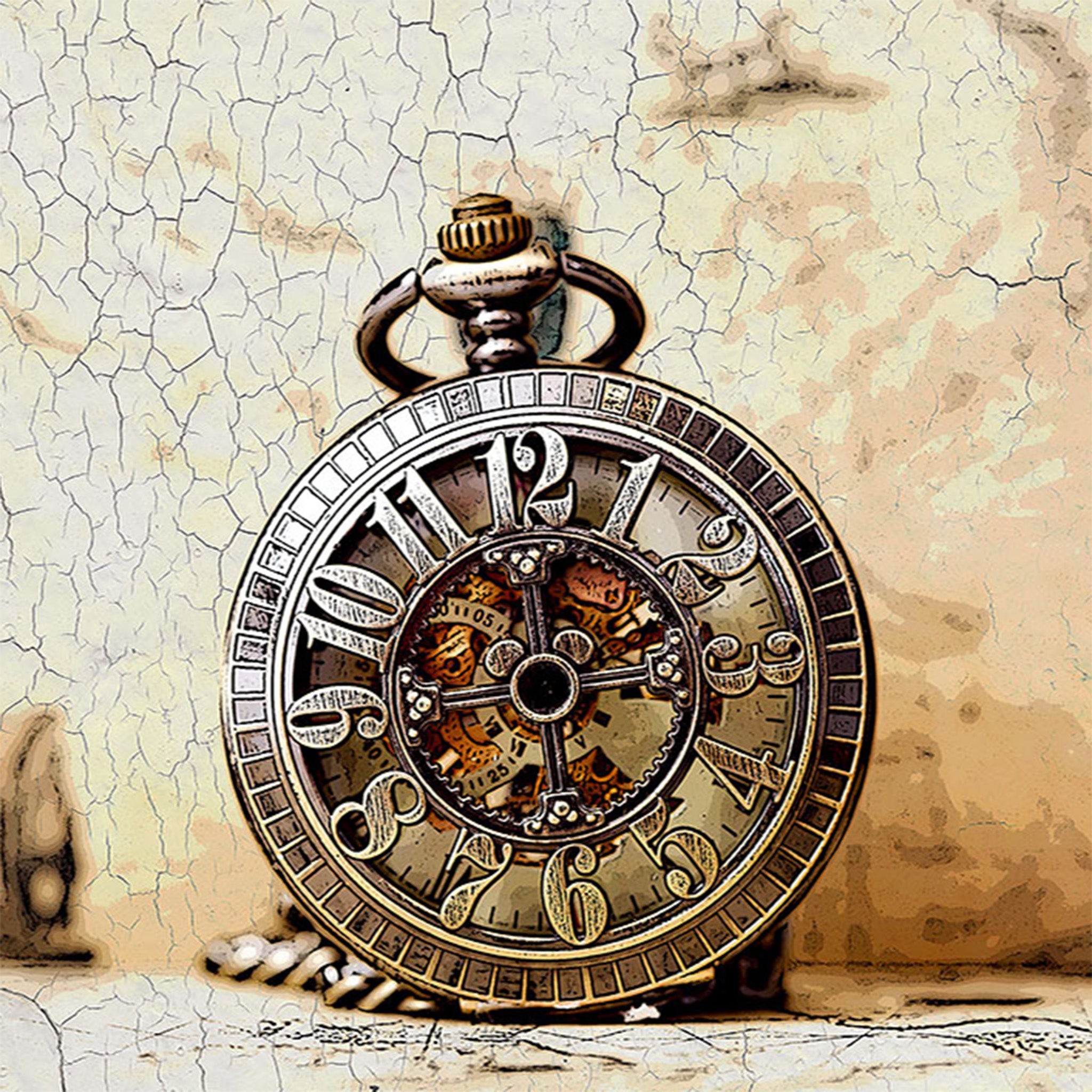 Close-up of a rice paper featuring a vintage pocket watch against a crackle background. 