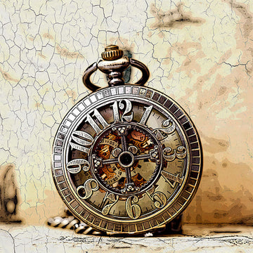 Close-up of a rice paper featuring a vintage pocket watch against a crackle background. 