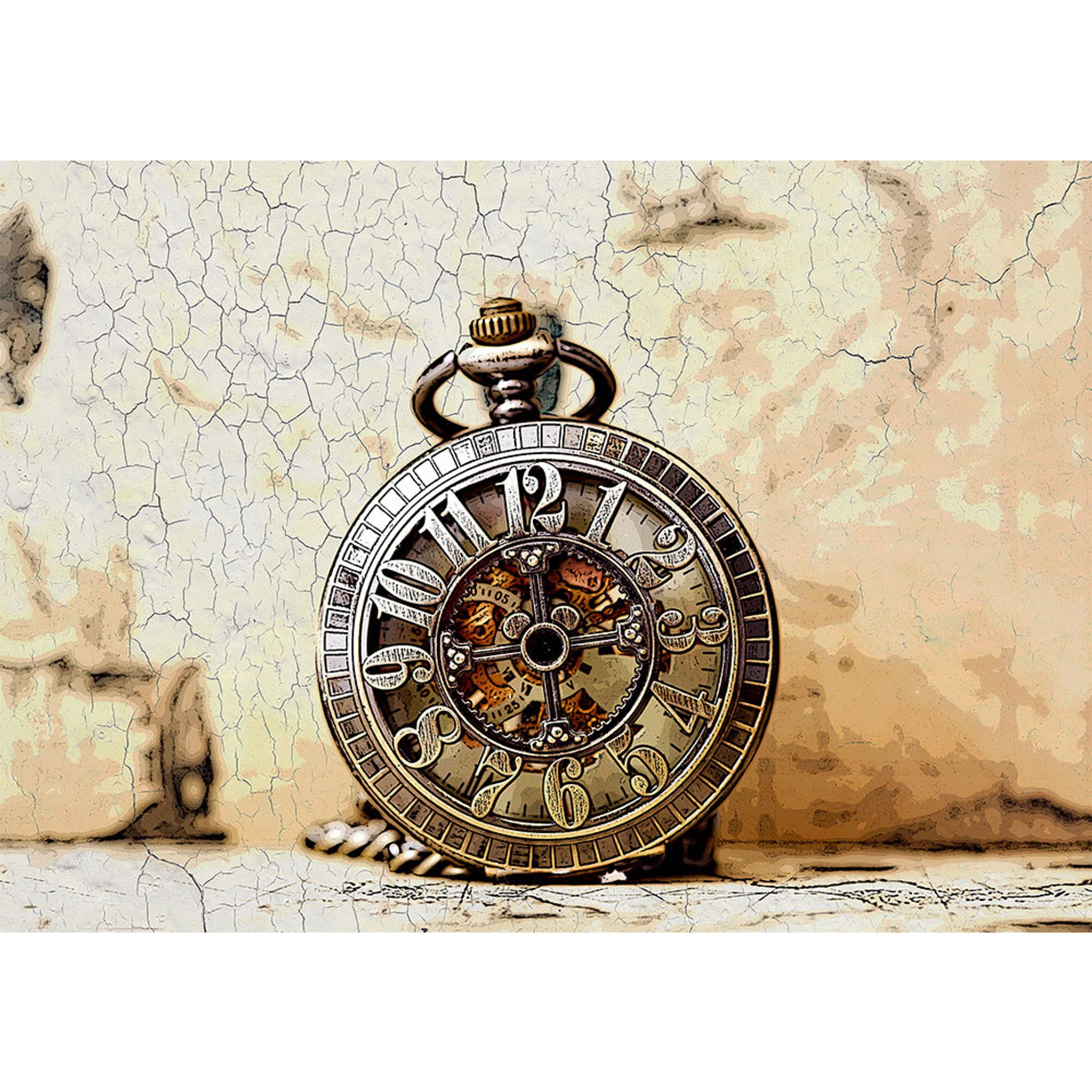 Rice paper featuring a vintage pocket watch against a crackle background. White borders are on the top and bottom.