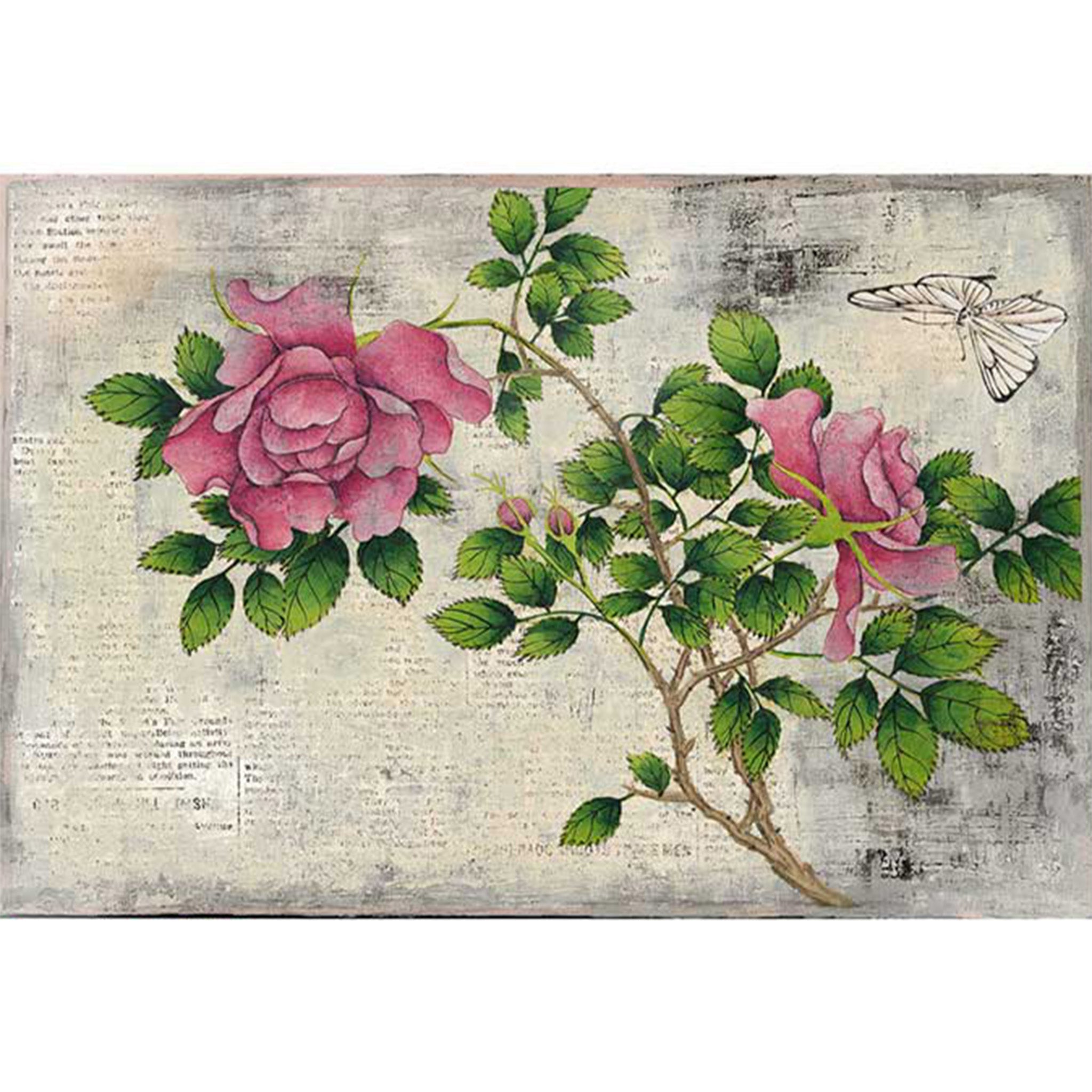 Rice paper design features a beautiful rose bush branch design against faded print. White borders are on the top and bottom.