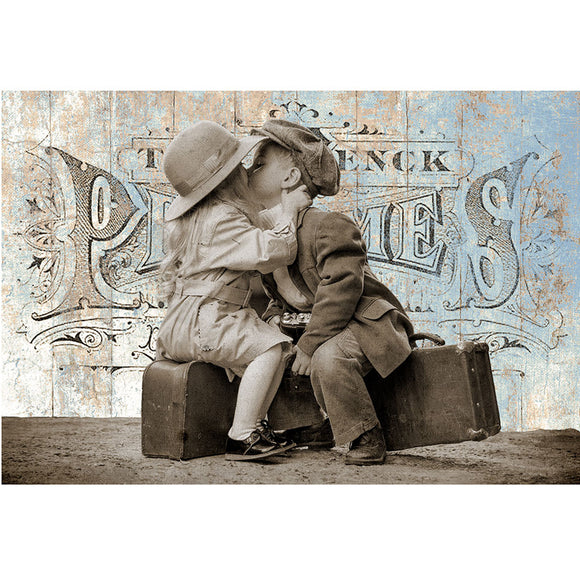 Full sheet view of Paper Designs Italy Vintage Suitcase Kiss A4 rice decoupage paper with white border, vintage children kissing on suitcases and distressed travel typography.
