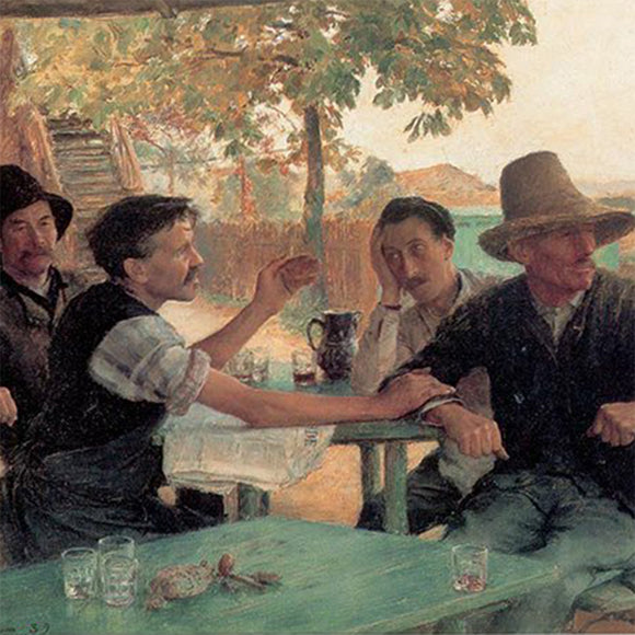 Close-up of a rice paper featuring four lively men engrossed in conversation at an outdoor tavern.