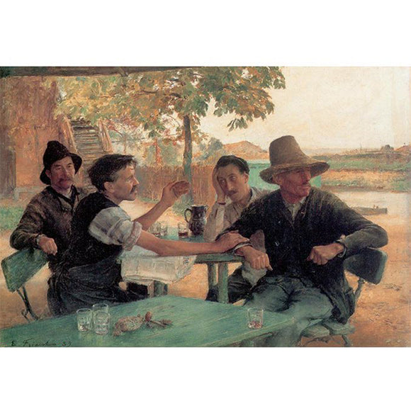 Rice paper featuring four lively men engrossed in conversation at an outdoor tavern.