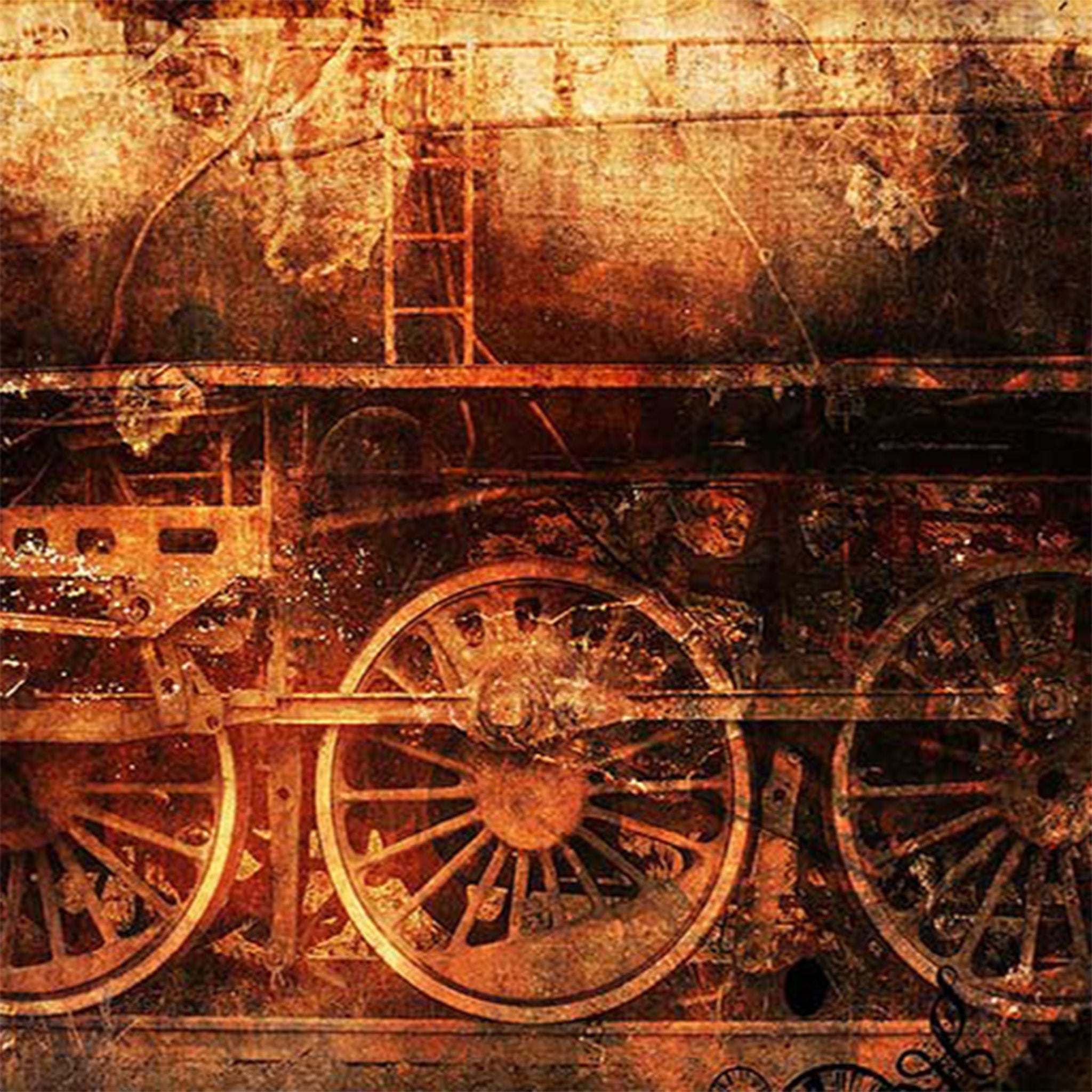 Close-up of a rice paper design that features a nostalgic photograph of a train car, with a playful focus on the wheels. 