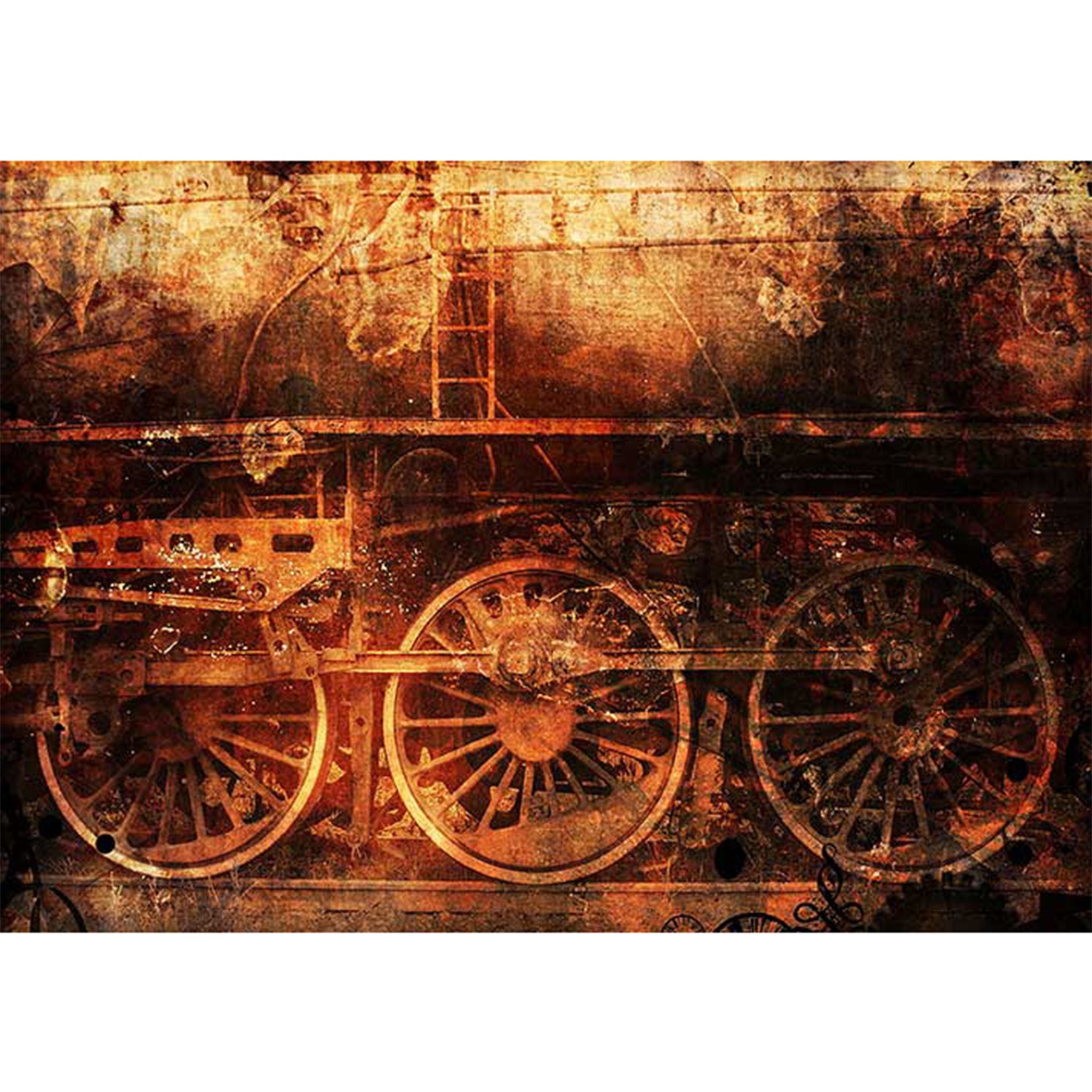 Rice paper design that features a nostalgic photograph of a train car, with a playful focus on the wheels. White borders are on the top and bottom.