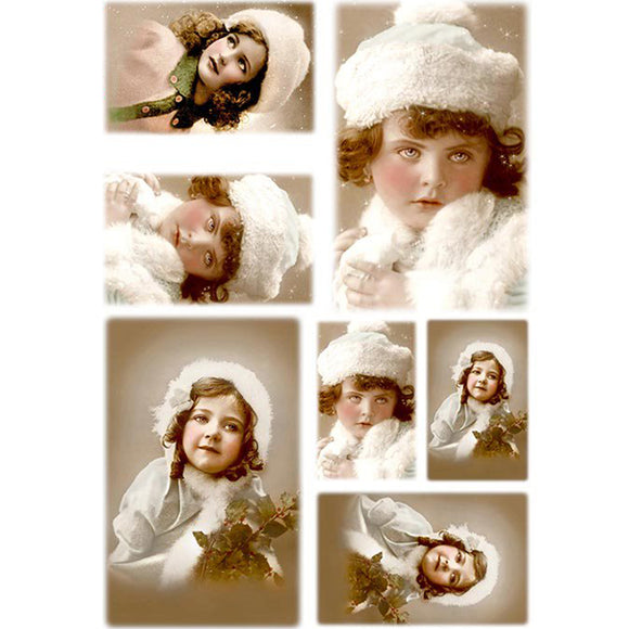 Rice paper featuring charming nostalgic images featuring sweet girls bundled up in cozy white coats and hats, ready to frolic in winter wonderlands of yesteryear.