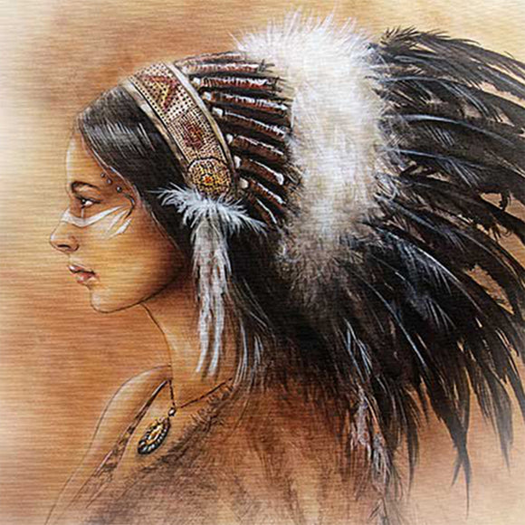 Close-up of a rice paper featuring a warrior woman in a brown leather shirt and black feather headdress. 