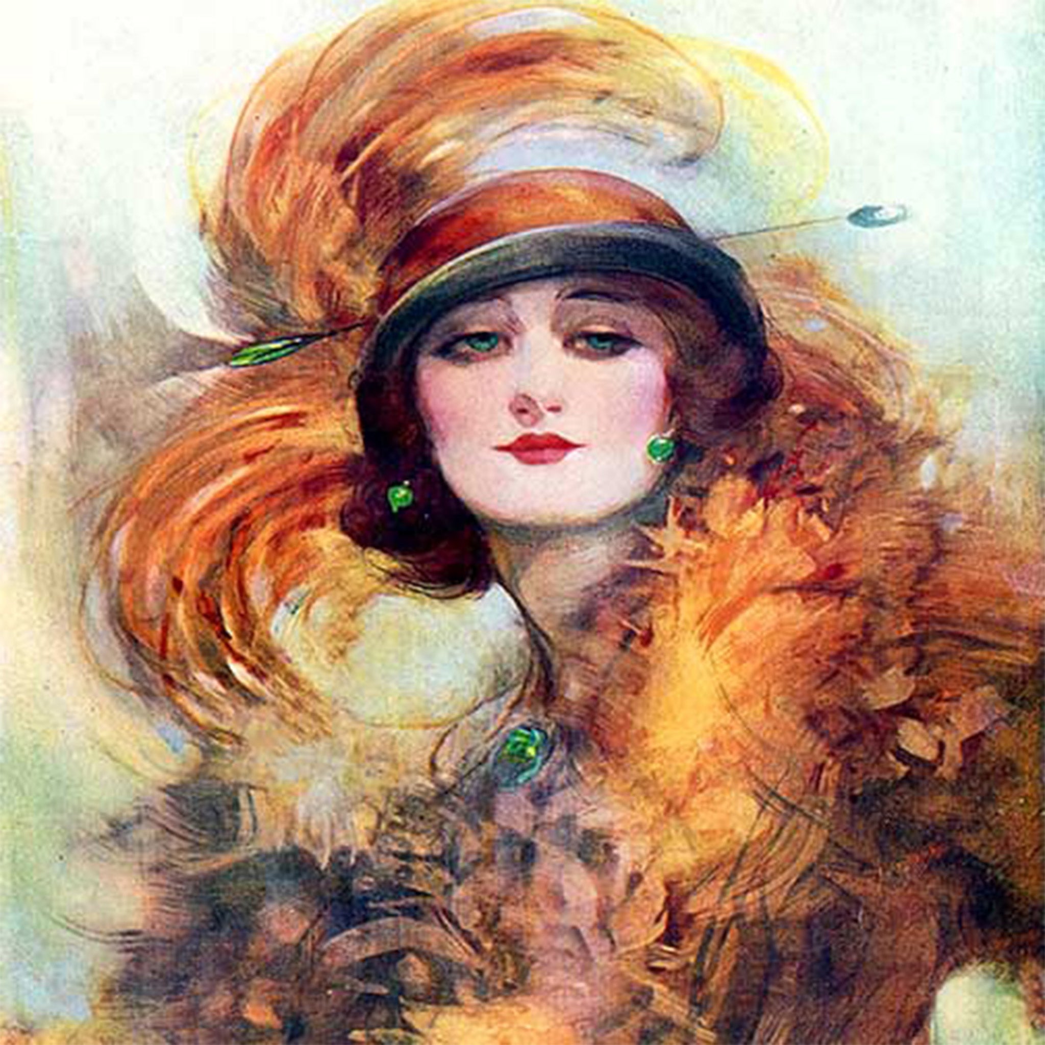 Close-up of a rice paper design featuring a fashionable jazz age lady in a feathered hat and boa in earthy orange colors.